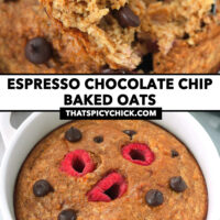 Bite and frot view of baked oats. Text overlay "Espresso Chocolate Chip Baked Oats" and "thatspicychick.com".