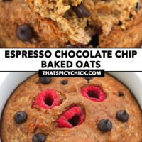 Spoon with bite and closeup front view of baked oats. Text overlay "Espresso Chocolate Chip Baked Oats" and "thatspicychick.com".