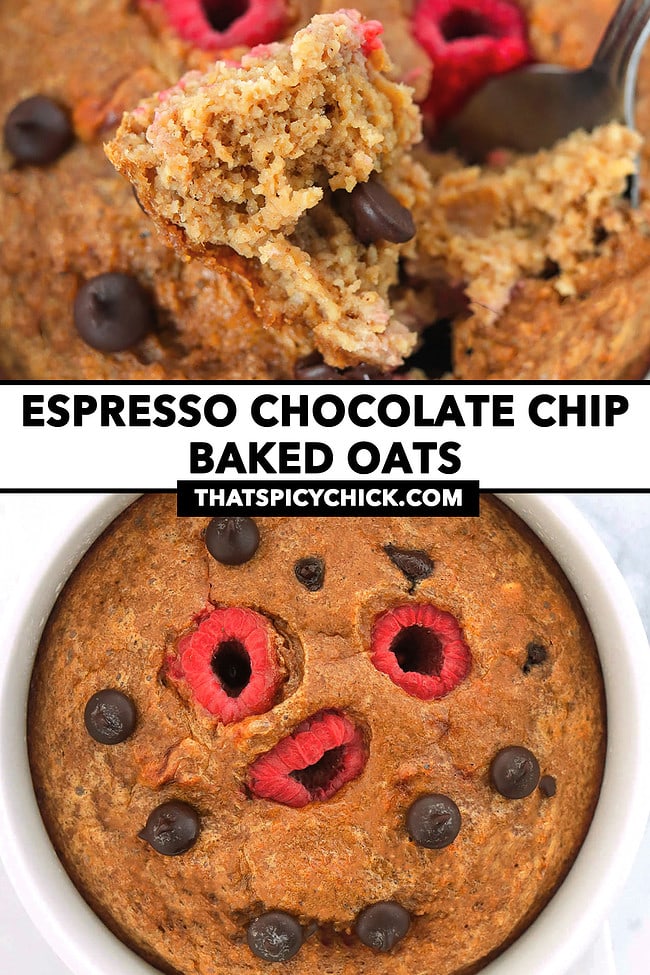 Bite and top view of baked oats in a ramekin. Text overlay "Espresso Chocolate Chip Baked Oats" and "thatspicychick.com".
