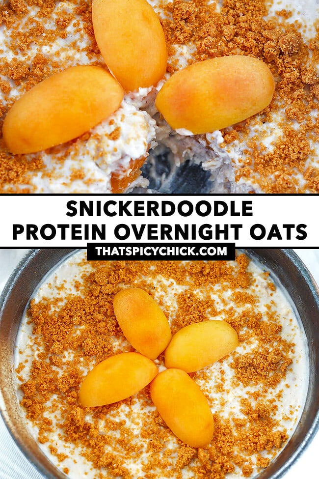 Closeup of overnight oats in a bowl with sliced apricots and crushed cookie. Text overlay "Snickerdoodle Protein Overnight Oats" and "thatspicychick.com".