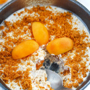 Closeup of bowl with snickerdoodle overnight oats and a spoon. Apricots behind.