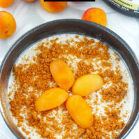 Overnight oats in a bowl topped with sliced apricot and crumbled cookie. Text overlay "Snickerdoodle Protein Overnight Oats" and "thatspicychick.com".