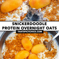 Overnight oats in a bowl with bites eaten and bowl with spoon. Text overlay "Snickerdoodle Protein Overnight Oats" and "thatspicychick.com".