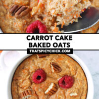 Baked oats bite and in a ramekin. Text overlay "Carrot Cake Baked Oats" and "thatspicychick.com".