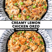 Front and top view of plate with chicken orzo. Text overlay "Creamy Lemon Chicken Orzo" and "thatspicychick.com".