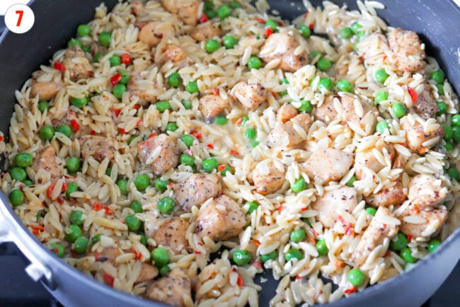 Added lemon juice to pan with chicken, peas, and orzo.