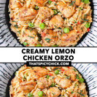 Top and front view of plate with chicken, orzo with green peas dish. Text overlay "Creamy Lemon Chicken Orzo" and "thatspicychick.com".