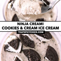 Spoon with bite of oreo ice cream and ice cream top view in pint. Text overlay "Ninja Creami Cookies & Cream Ice Cream" and "thatspicychick.com".