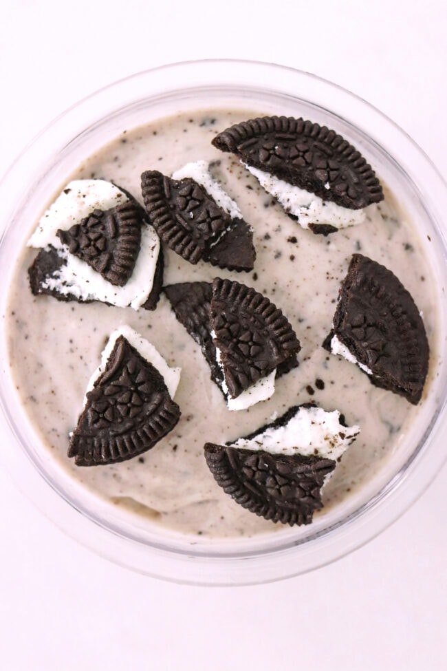 Top angle of oreo ice cream made in the Ninja Creami and topped with crushed oreos.