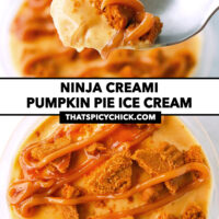 Spoon with bite of ice cream and pint with pumpkin pie ice cream. Text overlay "Ninja Creami Pumpkin Pie Ice Cream" and "thatspicychick.com".