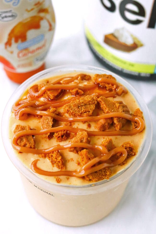 Pumpkin pie protein ice cream with crushed Biscoff cookie and caramel syrup drizzle.