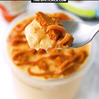 Spoon with ice cream bite above container with pumpkin pie protein ice cream. Text overlay "Ninja Creami Pumpkin Pie Ice Cream" and "thatspicychick.com".