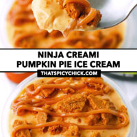Spoon with ice cream bite and pint container with pumpkin pie protein ice cream. Text overlay "Ninja Creami Pumpkin Pie Ice Cream" and "thatspicychick.com".