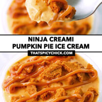 Spoon with ice cream bite and container with pumpkin pie protein ice cream. Text overlay "Ninja Creami Pumpkin Pie Ice Cream" and "thatspicychick.com".