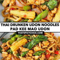Closeup front and top view of plate with stir-fried noodles. Text overlay "Thai Drunken Udon Noodles", "Pad Kee Mao Udon" and "thatspicychick.com"