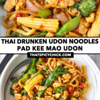 Stir-fried noodles with chicken and veggies on a plate. Text overlay "Thai Drunken Udon Noodles", "Pad Kee Mao Udon" and "thatspicychick.com"