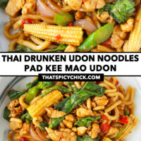 Noodles stir-fry dish on a marble plate. Text overlay "Thai Drunken Udon Noodles", "Pad Kee Mao Udon" and "thatspicychick.com"