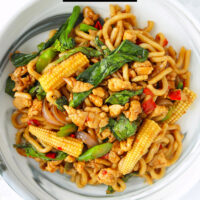 Thai spicy noodles stir-fry on a plate. Text overlay "Pad Kee Mao Udon", "Thai Drunken Udon Noodles" and "thatspicychick.com"