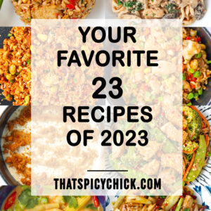 Collage of food photos. Text overlay "Your Favorite 23 Recipes of 2023" and "thatspicychick.com."