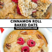 Spoon digging up bite and baked oats front view in a red ramekin. Text overlay "Cinnamon Roll Baked Oats" and "thatspicychick.com".