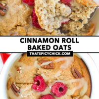 Spoon digging up bite and baked oats top view in a red ramekin. Text overlay "Cinnamon Roll Baked Oats" and "thatspicychick.com".