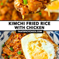 Spoon holding up a bite of fried rice and kimchi chicken fried rice on a plate. Text overlay "Kimchi Fried Rice with Chicken" and "thatspicychick.com".