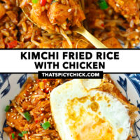 Spoon with kimchi chicken fried rice on a plate. Text overlay "Kimchi Fried Rice with Chicken" and "thatspicychick.com".