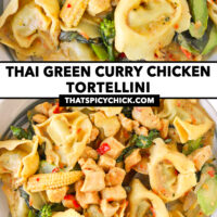 Closeup and plate with Thai tortellini dish and a spoon. Text overlay "Thai Green Curry Chicken Tortellini" and "thatspicychick.com".