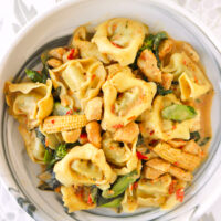 Plate with Thai green curry chicken tortellini.