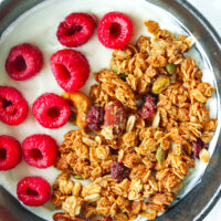 Closeup of bowl with Greek yogurt, peanut butter granola, and fresh raspberries.