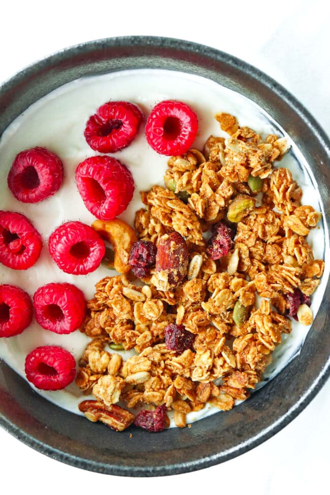 Closeup of bowl with Greek yogurt, peanut butter granola, and fresh raspberries.