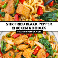 Noodles twirled around chopsticks and plate with noodles. Text overlay "Stir Fried Black Pepper Chicken Noodles" and "thatspicychick.com".