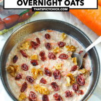 Spoon in overnight oats bowl. Text overlay "Gluten Free | High Protein | Easy", "Carrot Cake Overnight Oats" and "thatspicychick.com".
