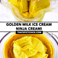 Ice cream scoops in ice cream dish and ice cream in creami container. Text overlay "Golden Milk Ice Cream Ninja Creami" and "thatspicychick.com".
