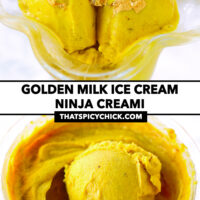 Ice cream scoops in glass with spoon and in a pint container. Text overlay "Golden Milk Ice Cream Ninja Creami" and "thatspicychick.com".