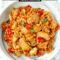 Spicy sambal fried rice on a marble plate. Text overlay "Sambal Fried Rice with Chicken" and "thatspicychick.com".