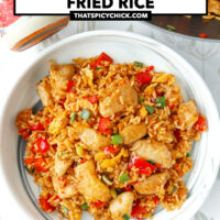 Fried rice on a marble plate and in a wok and sambal bottle. Text overlay "Sambal Chicken Fried Rice" and "thatspicychick.com".