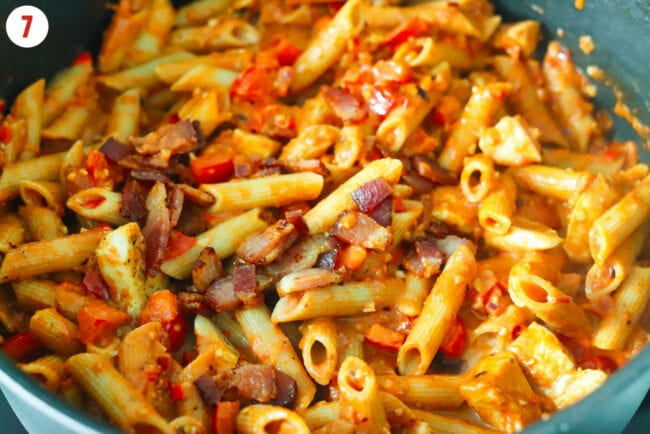 Added cooked bacon to pan with creamy tomato chicken pasta.