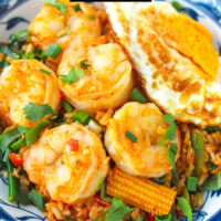 Closeup front view of plate with shrimp fried rice and a fried egg. Text overlay "Thai Tom Yum Fried Rice with Shrimp" and "thatspicychick.com".