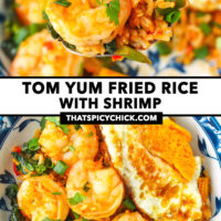 Spoon holding up a bite of shrimp fried rice and fried rice on a plate. Text overlay "Tom Yum Fried Rice with Shrimp" and "thatspicychick.com".