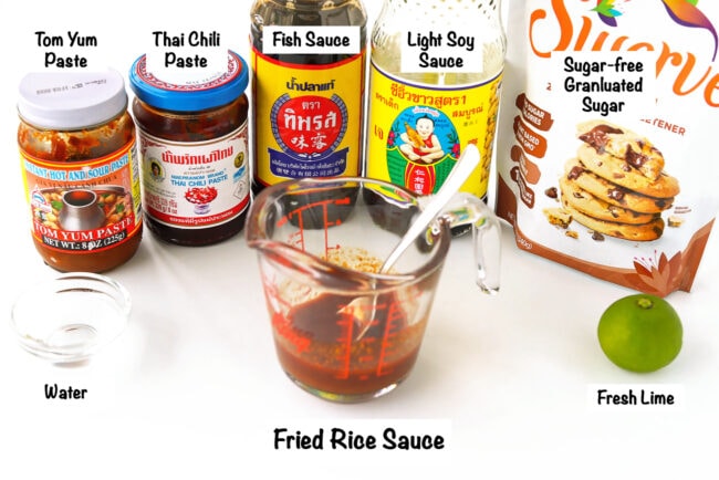 Labeled sauce ingredients for tom yum fried rice.