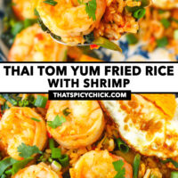 Spoon holding up a bite of fried rice and closeup of fried rice. Text overlay "Thai Tom Yum Fried Rice with Shrimp" and "thatspicychick.com".