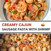 Plate and pan with spicy cottage cheese pasta with shrimp and sausage. Text overlay "Creamy Cajun Sausage Pasta with Shrimp".