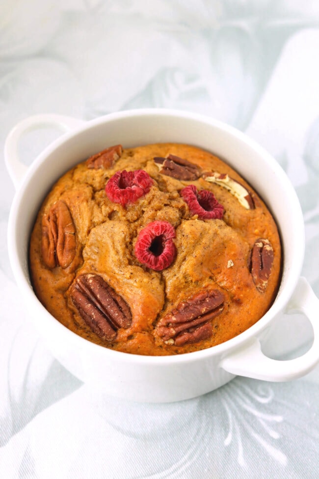 Front view of gingerbread baked oatmeal in a baking dish.