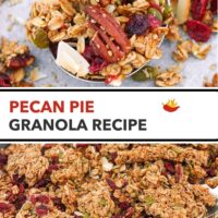 Pecan granola with dried cranberries on a baking tray. Text overlay "Pecan Pie Granola Recipe".