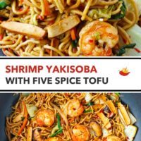 Chopsticks pulling noodles from a black plate and wok with stir-fried noodles with shrimp, vegetables, and tofu. Text overlay "Shrimp Yakisoba with Five Spice Tofu".