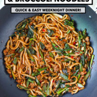 Wok with spicy pork udon noodles. Text overlay "Sichuan Pork & Broccoli Noodles", "Quick & Easy Weeknight Dinner!!" and "That Spicy Chick".