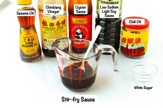 Labeled sauce ingredients for Sichuan Pork and Broccoli Noodles.