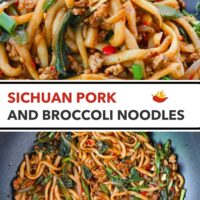 Chopsticks noodle pull from plate and wok with spicy pork noodles stir-fry. Text overlay "Sichuan Pork and Broccoli Noodles".