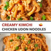 Fork pulling up a bite of creamy kimchi udon noodles and Korean noodles dish on a plate. Text overlay "Creamy Kimchi Chicken Udon Noodles".
